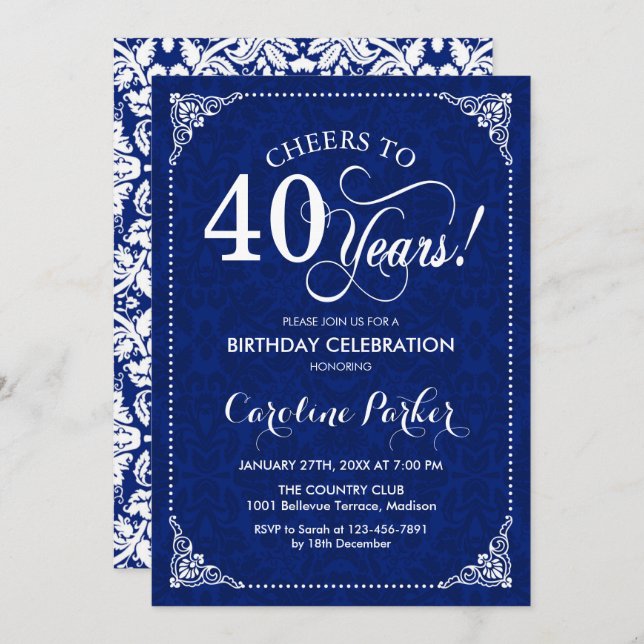 40th Birthday - Navy White Damask Invitation (Front/Back)