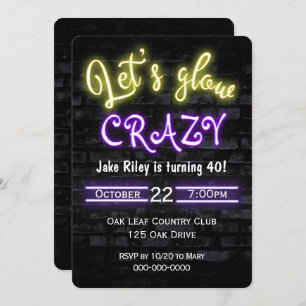 40th Birthday Neon Glow Sign on Brick Wall Invitation