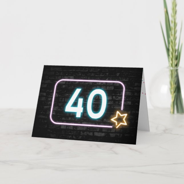 40th Birthday Neon Sign On Brick  Card (Front)