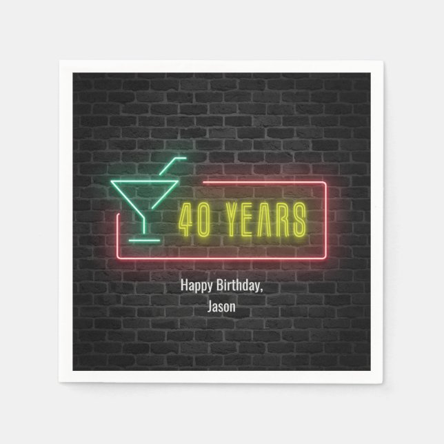 40th birthday Neon Sign on brick wall Napkin (Front)
