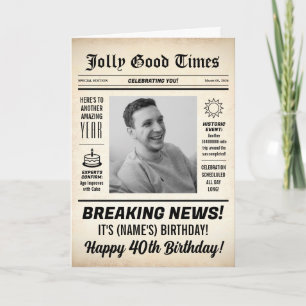 40th Birthday Newspaper, Add Photo, Personalised  Card