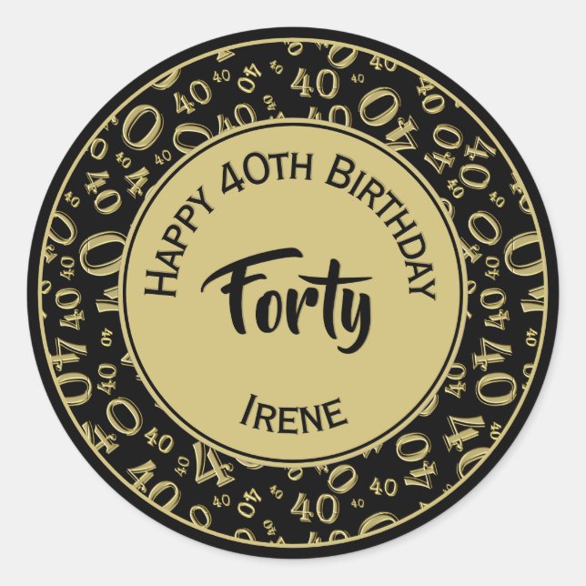 40th Birthday Number 40 Pattern Gold and Black Classic Round Sticker (Front)