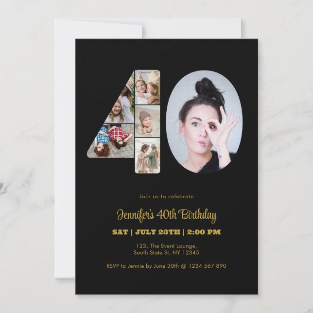 40th Birthday Number 40 Photo Collage Modern Black Invitation (Front)
