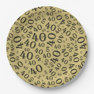 40th Birthday Number Pattern Black/Gold Paper Plate