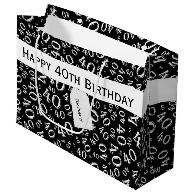 40th Birthday Number Pattern Black/White 40 Large Gift Bag (Front Angled)