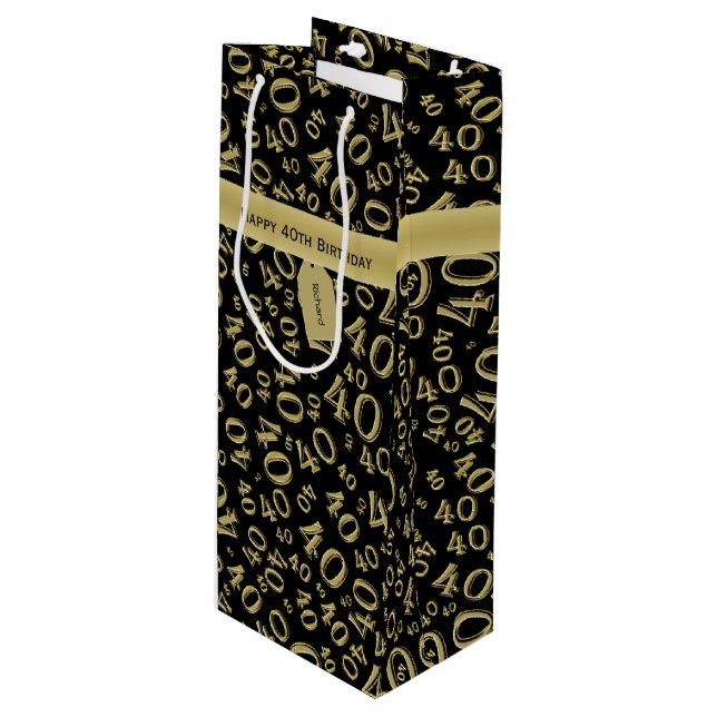 40th Birthday Number Pattern Gold/Black 40 Wine Gift Bag (Front Angled)