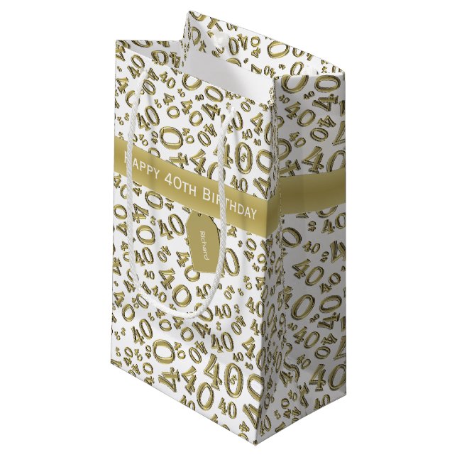 40th Birthday Number Pattern Gold/White 40 Small Gift Bag (Front Angled)