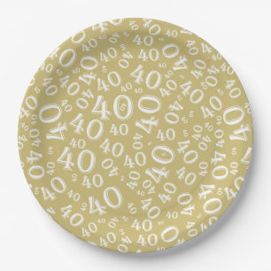 40th Birthday Number Pattern Gold/White Paper Plate
