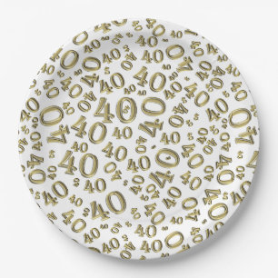 40th Birthday Number Pattern Gold/White Paper Plate