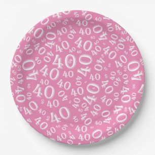 40th Birthday Number Pattern Pink/White Paper Plate