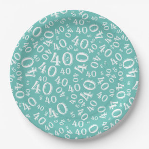 40th Birthday Number Pattern Teal/White Paper Plate