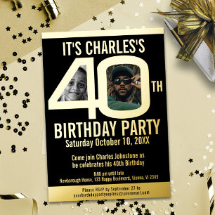 40th Birthday party 2 photo simple black gold foil