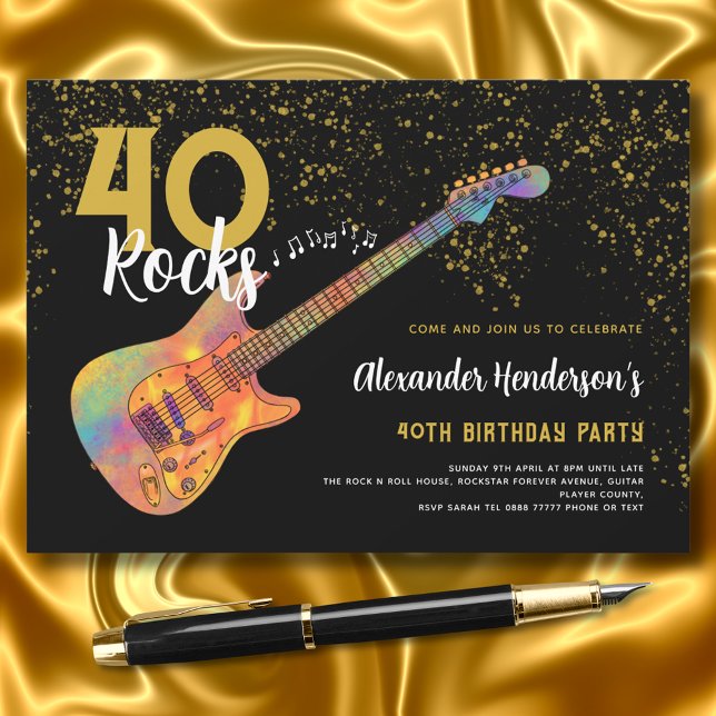 40th Birthday Party 40 Rocks Gold Glitter Invitation (40 rocks black and gold glitter 40th birthday party invitation with colorful electric guitar)