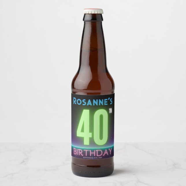 40th Birthday Party 80s Retro Neon Sign Custom Beer Bottle Label (Front)