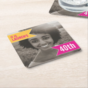 40th birthday party add your own photo pink yellow square paper coaster