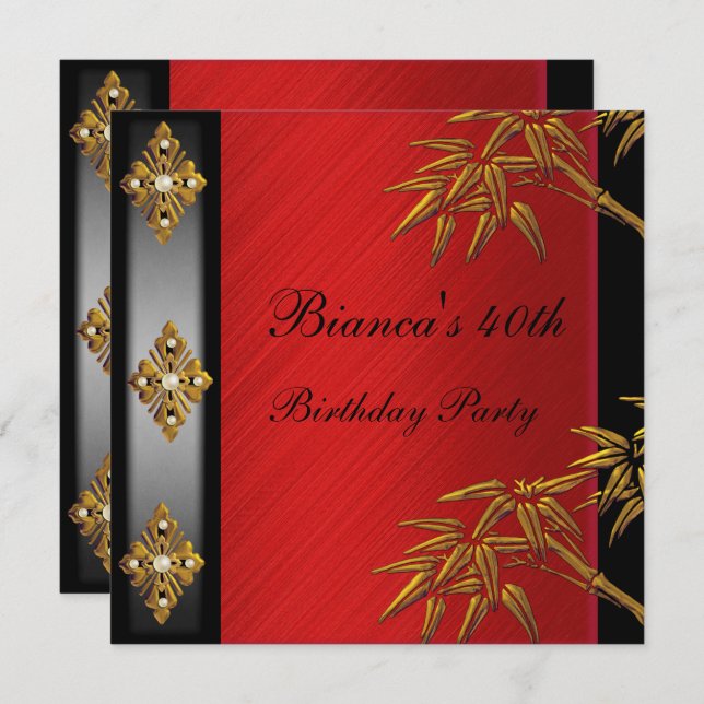 40th Birthday Party Asian Gold Bamboo Red Invitation (Front/Back)