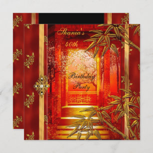 40th Birthday Party Asian View Gold Bamboo Red Invitation