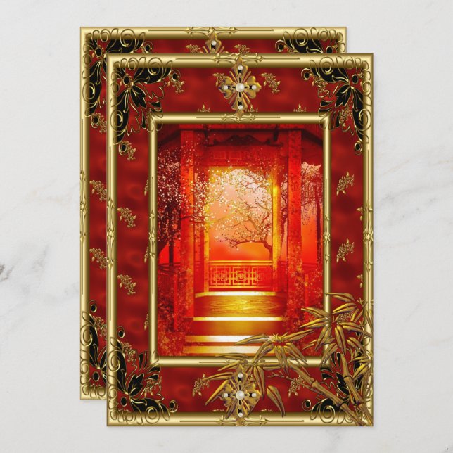 40th Birthday Party Asian View Gold Bamboo Red Invitation (Front/Back)