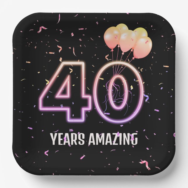 40th Birthday Party Balloons and Confetti Paper Plate (Front)