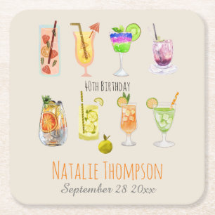 40th Birthday party Beautiful watercolor cocktail  Square Paper Coaster