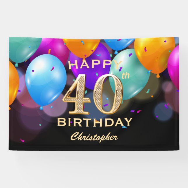 40th Birthday Party Black and Gold Balloons Banner (Horizontal)