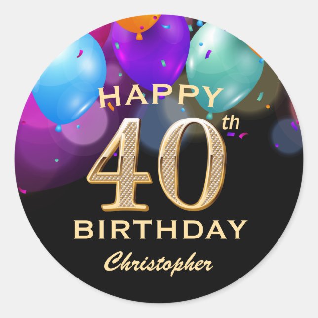 40th Birthday Party Black and Gold Balloons Classic Round Sticker (Front)