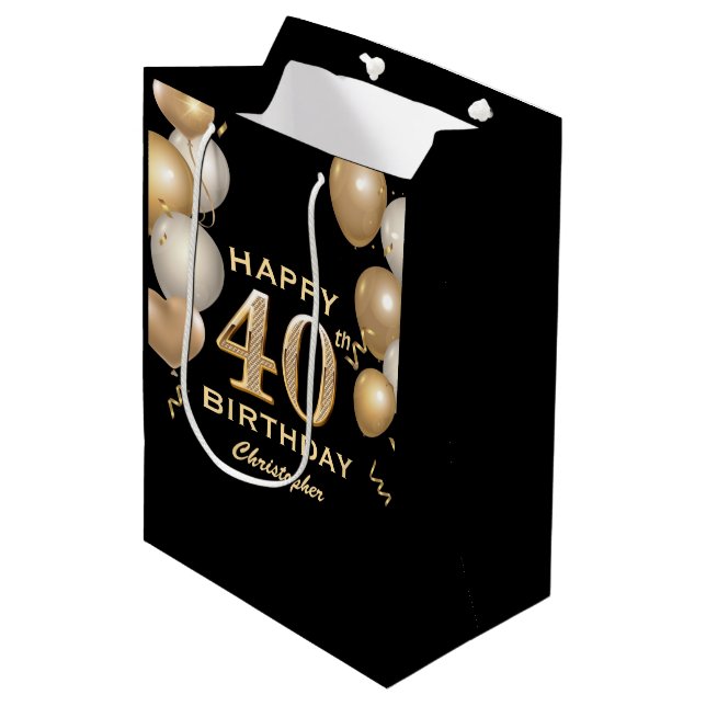 40th Birthday Party Black and Gold Balloons Medium Gift Bag (Front Angled)