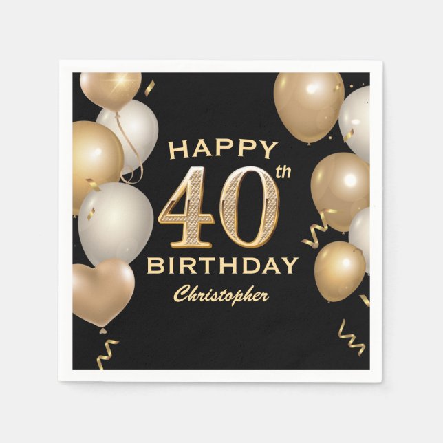 40th Birthday Party Black and Gold Balloons Napkin (Front)
