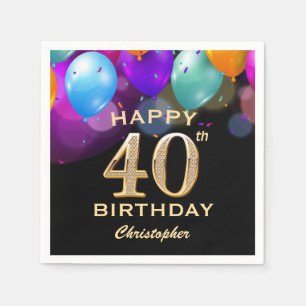 40th Birthday Party Black and Gold Balloons Napkin
