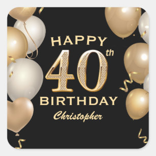 40th Birthday Party Black and Gold Balloons Square Sticker