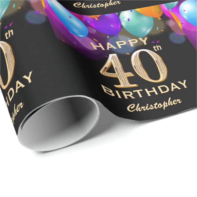 40th Birthday Party Black and Gold Balloons Wrapping Paper (Roll Corner)