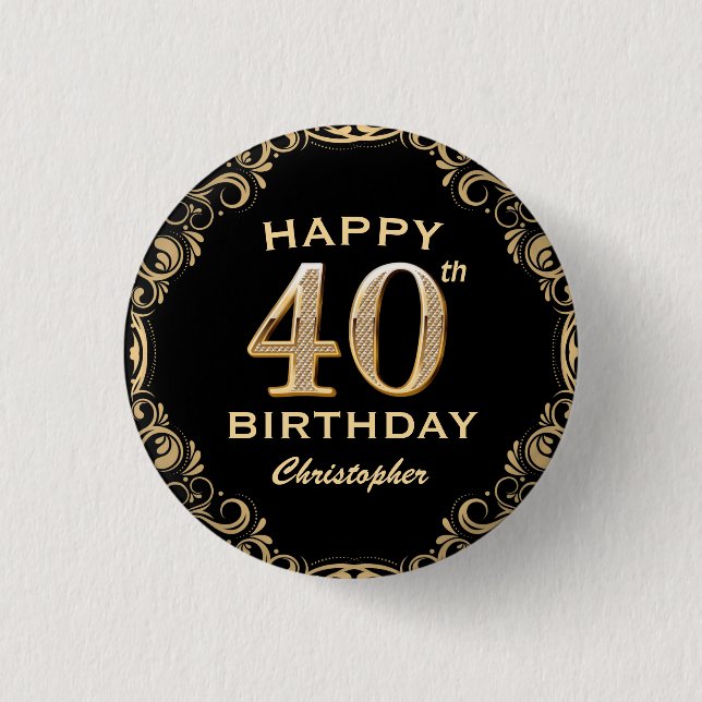 40th Birthday Party Black and Gold Glitter Frame 3 Cm Round Badge (Front)