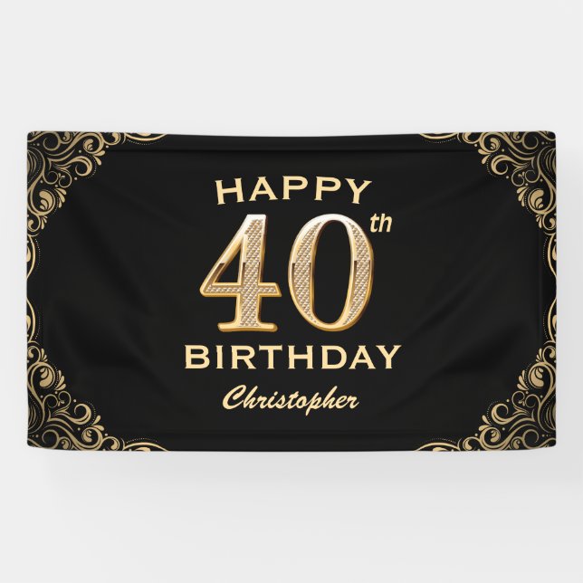 40th Birthday Party Black and Gold Glitter Frame Banner (Horizontal)