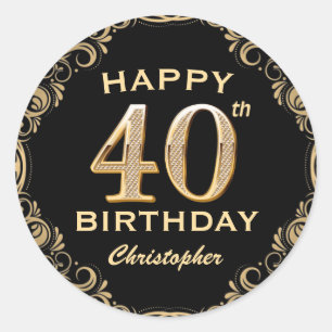 40th Birthday Party Black and Gold Glitter Frame Classic Round Sticker