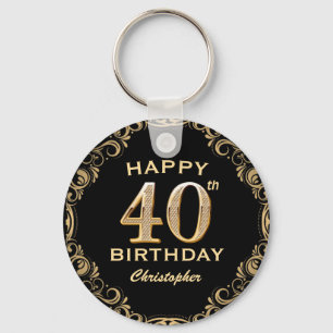 40th Birthday Party Black and Gold Glitter Frame Key Ring