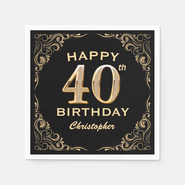40th Birthday Party Black and Gold Glitter Frame Napkin (Front)
