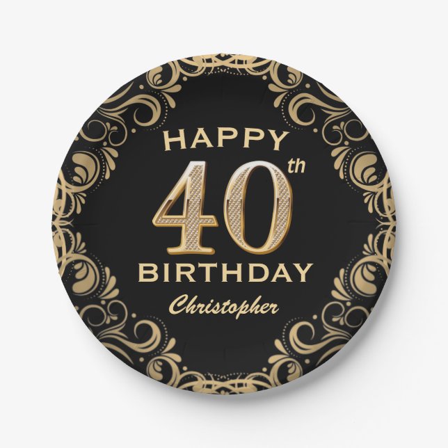 40th Birthday Party Black and Gold Glitter Frame Paper Plate (Front)