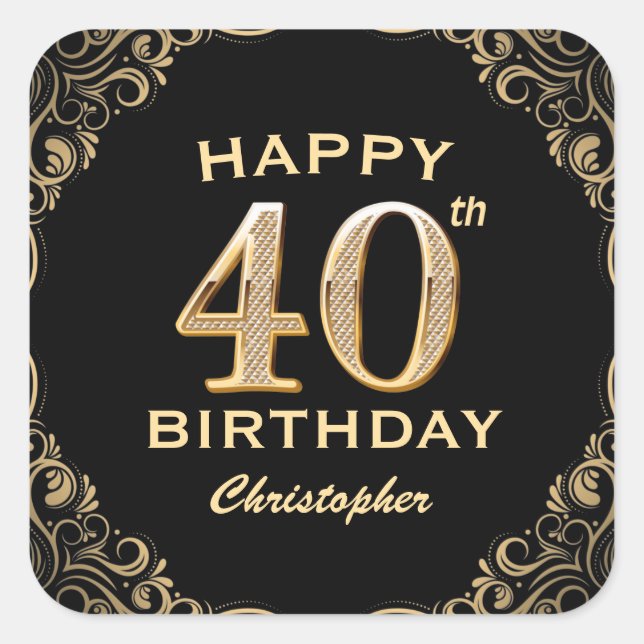 40th Birthday Party Black and Gold Glitter Frame Square Sticker (Front)