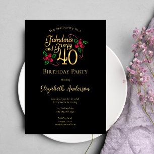 40th Birthday Party Black and Gold with Roses Invitation