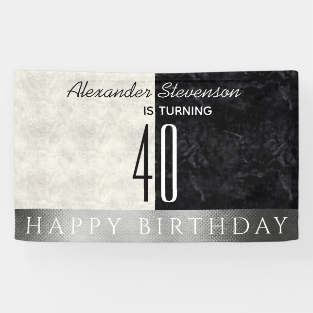 40th Birthday Party , Black and White Marble Banner (Horizontal)