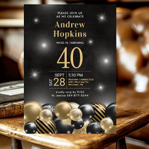 40th Birthday Party Black Gold Balloons Photo Invitation