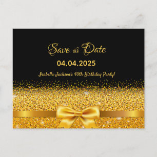 40th birthday party black gold bow save the date postcard