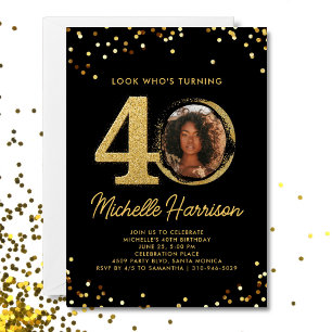 40th Birthday Party Black Gold Confetti Photo  Invitation