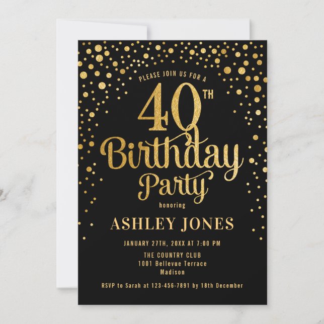 40th Birthday Party - Black & Gold Invitation (Front)