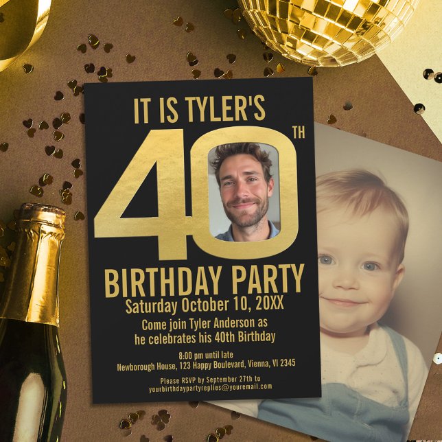 40th Birthday party black gold photo Invitation (Creator Uploaded)