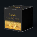 40th birthday party black gold thank you favour box<br><div class="desc">Elegant, classic, glamourous and feminine style favour box. A gold coloured ribbon and bow with golden glitter and sparkle, a bit of bling and luxury for a 40th birthday party. Black background. With the text: Thank You! on top. Front: Templates for a name, age 40 and date of birth and...</div>