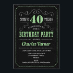 40th Birthday Party - Black Green Invitation<br><div class="desc">40th Birthday Party Invitation.
Elegant black,  green,  white retro design with chalkboard pattern and script font. Cheers to 40 years! Message me if you need further customization.</div>
