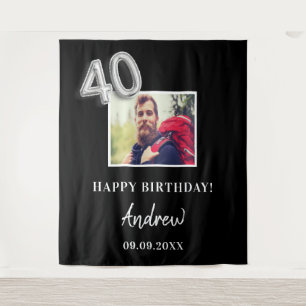 40th birthday party black photo name welcome tapestry