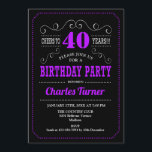 40th Birthday Party - Black Purple Invitation<br><div class="desc">40th Birthday Party Invitation.
Elegant black,  purple,  white retro design with chalkboard pattern and script font. Cheers to 40 years! Message me if you need further customization.</div>