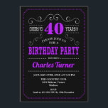 40th Birthday Party - Black Purple Invitation<br><div class="desc">40th Birthday Party Invitation.
Elegant black,  purple,  white retro design with chalkboard pattern and script font. Cheers to 40 years! Message me if you need further customization.</div>